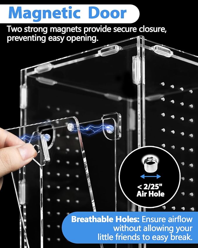 Jumping Spider Enclosure, Tarantula-Enclosure Large Acrylic Terrarium, Reptile Enclosure Jumping Spider Accessories with Magnet Front Opening Door, Terrarium Kit(Large 12x6x6 Inch, Assemble)