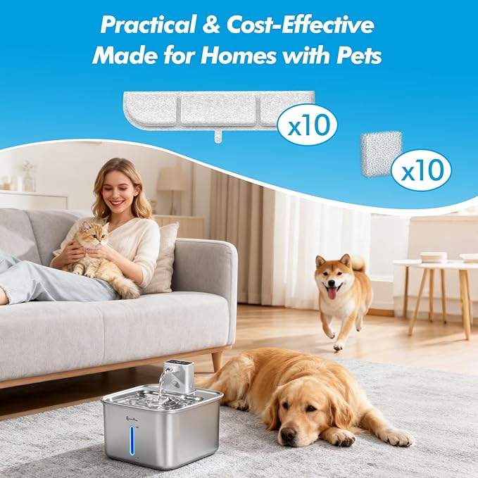 20 Pack Replacement Filters for DownyPaws Battery Operated Cat Water Fountain DPWFP6, Cat Fountain Filter Set for Downy Paws 84oz/2.5L Wireless Dog Pet Water Dispenser (10 Filters & 10 Sponges)