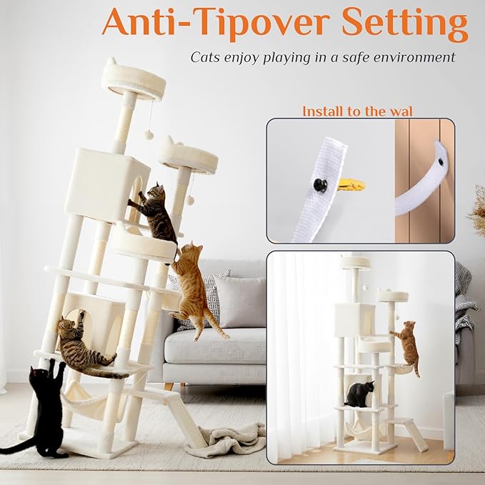 Large Cat Tree 75 Inch, Multi-Level Tall Cat Tree Tower with Condo, Perches, Sisal Scratching Posts Board and Hammock, Pet Play House with Dangling Balls for Indoor Cats, Beige