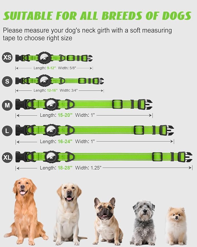 Joytale Airtag Dog Collar, Reflective Pet Collar with Waterproof AirTag Holder, Dual D-Rings, Soft Padded Adjustable for Medium Dogs, Green, M