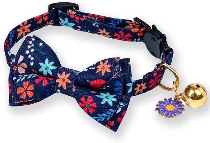 Flower Cat Collar Breakaway With Bow Tie Bell 2 Pack White & Blue Floral Pendant Cute Cat Collars Adjustable Safety Kitty Kitten Collars Soft Fancy Cat Collar for Female Girl Cats Male Boy Cats