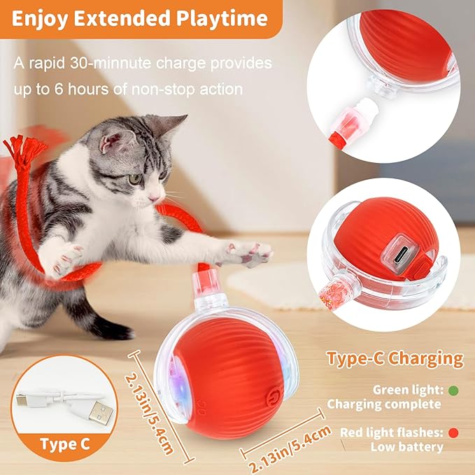 Interactive Cat Toys for Indoor Cats Smart Automatic Ball Rolling for Bored Kitten Pet Upgraded Speedy Moving Chase Dogs Toy Red