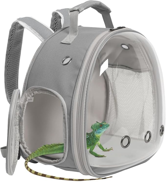 Lizard Travel Backpack Carrier,Small Animal Portable Backpack Carrier,Space Capsule Clear Bubble Window Travel Backpack for Bearded Dragon,Guinea Pig,Rabbit, Airline Approved (Grey, Backpack)