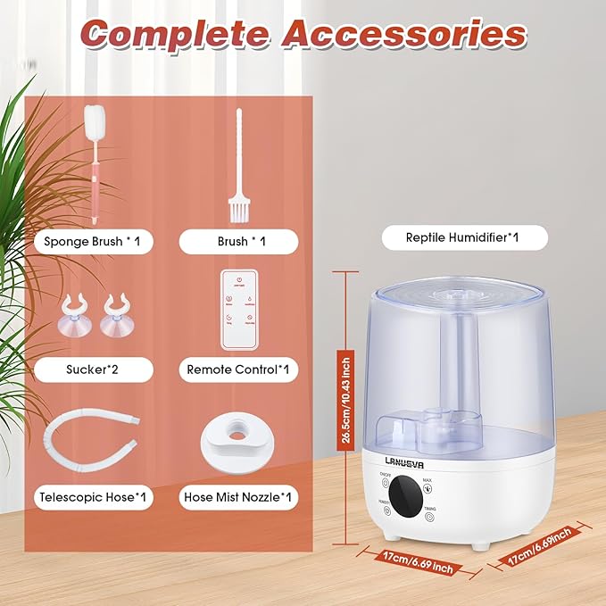 LANUEVA Reptile Humidifier with Humidity Control, Reptile Fogger with 4L Large Tank & Telescopic Hose for Terrariums, Remote Control & Touch Screen, Timing Function, for Reptiles, Green Plants (4L)