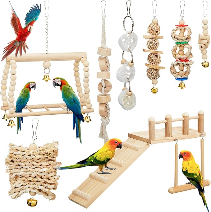 10 Pcs Parrot Swing Toys and Bird Perches Platform with Climbing Ladder Chewing Standing Hanging Parakeet Toys Bird Cage Accessories for Budgerigar Conure Cockatiel Finches Lovebirds