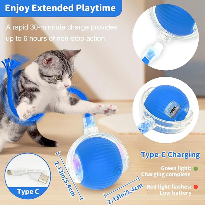 Interactive Cat Toys for Indoor Cats Smart Automatic Ball Rolling for Bored Kitten Pet Upgraded Speedy Moving Chase Dogs Toy Blue