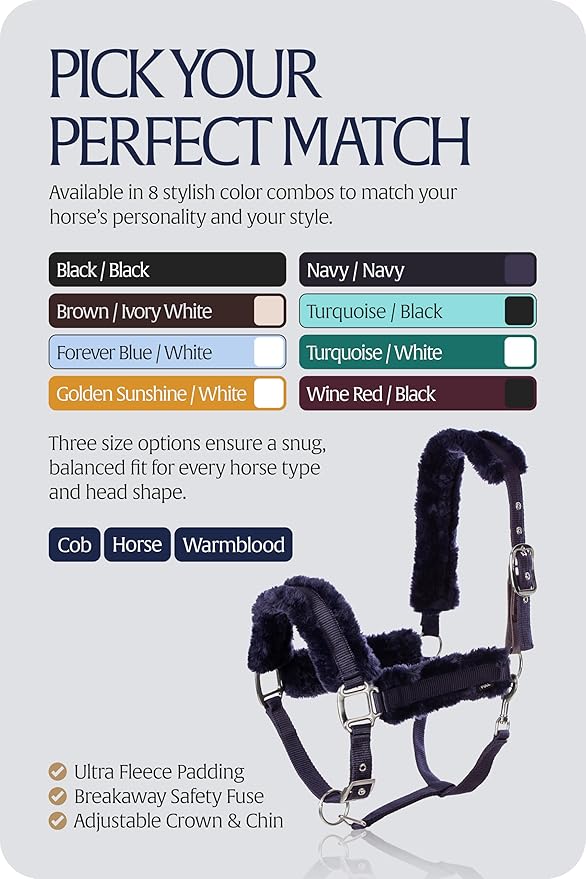 Equinavia Valkyrie Ultra Fleece Breakaway Horse Halter | Padded Fleece Adjustable Safety Halter with Nylon Webbing - Navy/Navy - Horse