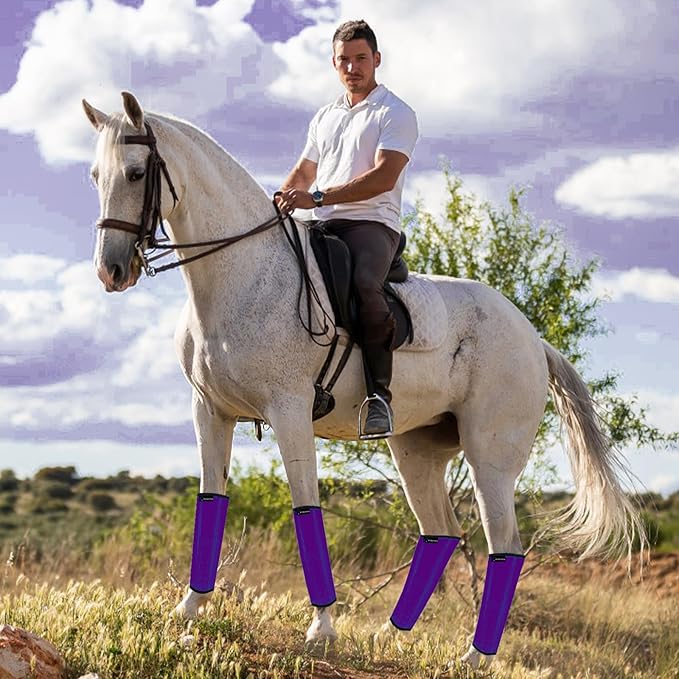 FOXLVDA Horse Fly Boots - Fly Boots for Horses Set of 4, Comfortable Horse Leggings, Mesh Material Design with Metal Support Bars for Reduces Stomping & Leg Fatigue (Purple, Medium)