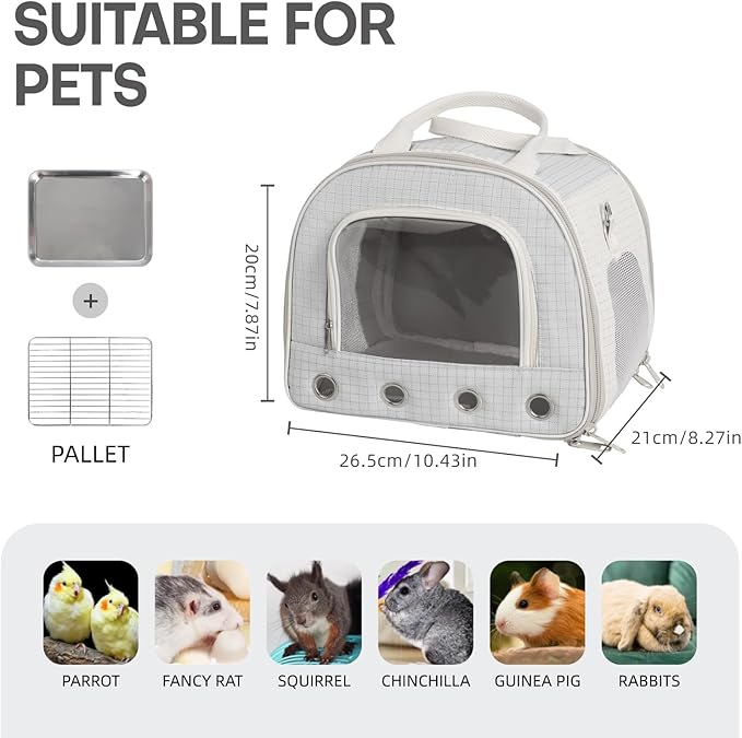 Gray Rabbit Travel Bag with Panoramic Skylight & Bottom Mesh | Odor Control Carrier for Squirrel/Small Birds | Outdoor Adventure Gear with Snack Pocket (Gray)