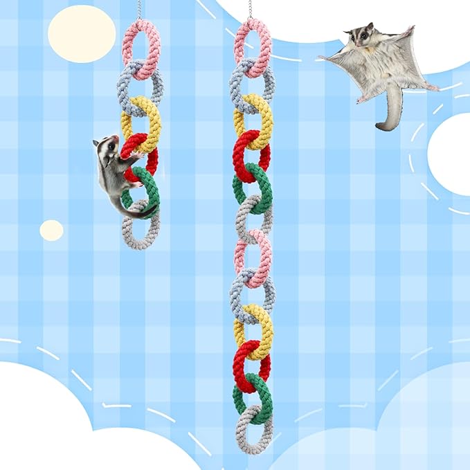 Sugar Glider Toys, Hanging Cotton Rope Ring Climbing Toy for Little Pet, Rat Toys, Sugar Glider Cage Accessories, Exercise Toys for Sugar Glider, Rat, Squirrel, Bird, Other Little Climber （Long）