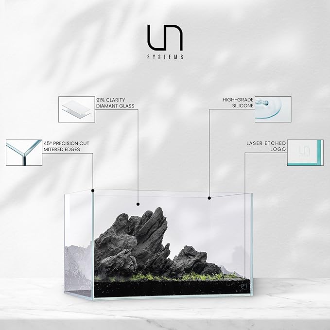UNS Ultra Clear Rimless Tank - 6.3GAL | 24L - 23.62x7.87x7.87 | 60x20x20 CM, 5mm Glass Thickness, Leveling Mat Included - Low Iron, High Clarity Fish Tank w/ 45° Mitered Edge - [60L]