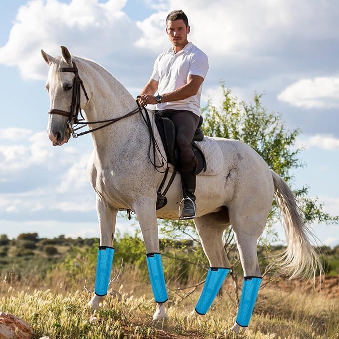 FOXLVDA Horse Fly Boots - Fly Boots for Horses Set of 4, Comfortable Horse Leggings, Mesh Material Design with Metal Support Bars for Reduces Stomping & Leg Fatigue (Blue, Large)