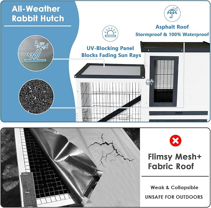 Rabbit Hutch Indoor Bunny Cage Outdoor with Urine Guards 2 Storey Mobile Guinea Pig Cage Weatherproof Asphalt Roof Wire Bottom 2 Trays