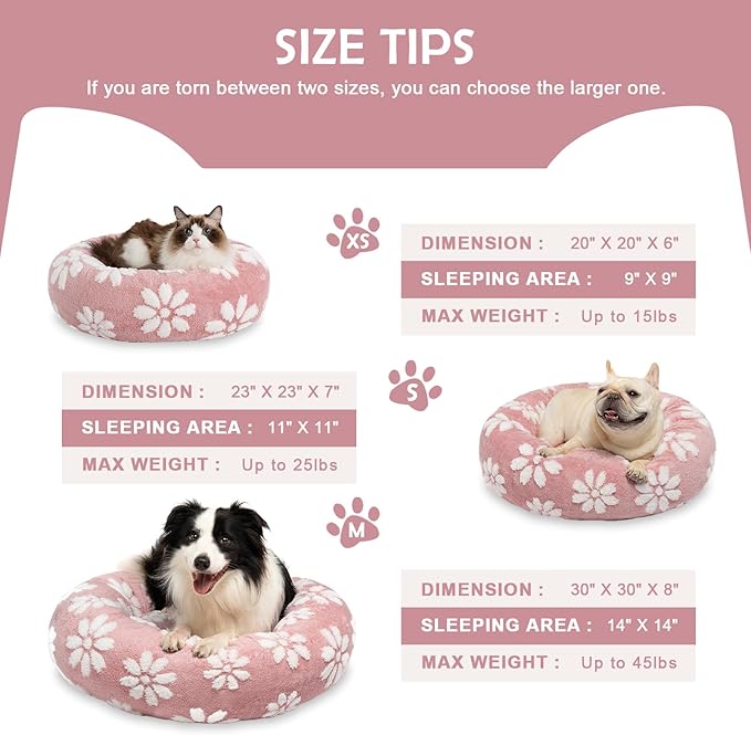 Donut Dog Beds for Small Dogs, Calming Round Cat Beds for Indoor Cats, Cute 3D Textured Flower Pet Bed with Removable Washable Cover and Anti-Slip Bottom（Pink，23"）