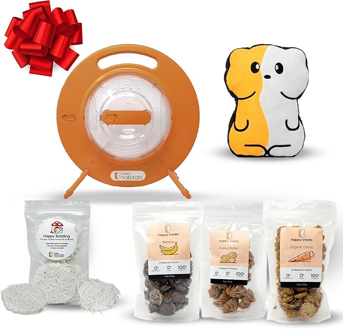 Halo Starter Bundle – Portable Pet Carrier, Carrot, Banana, and Peanut Butter, Natural Treats, Happy Enrichment Bedding + Plushie – Hamster Starter Kit for Pet Care