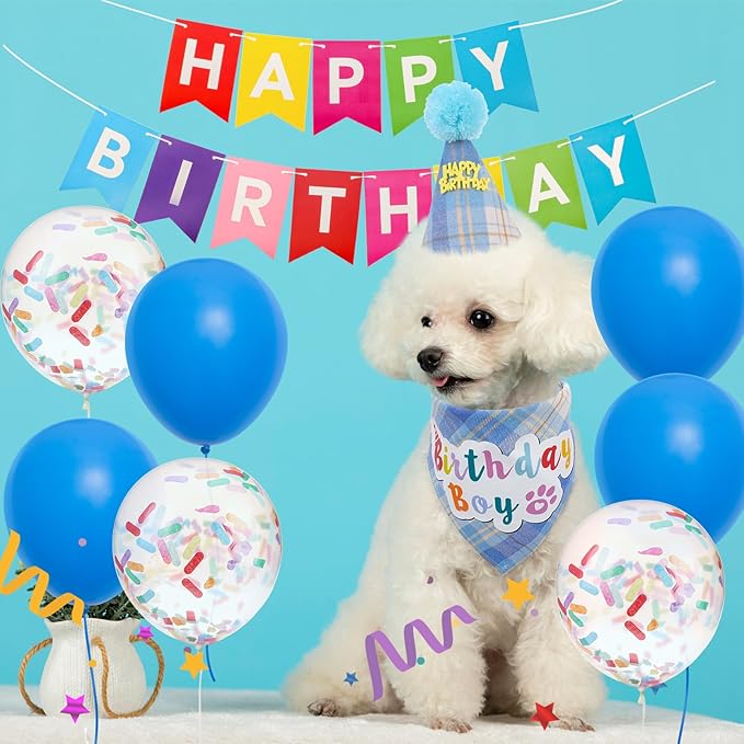 SCENEREAL Dog Birthday Bandana Hat Set, Puppy Birthday Party Supplies for Boys Dogs, Pet Birthday Scarf Outfit with Sign Banner and Balloons for Small Medium Large Dogs