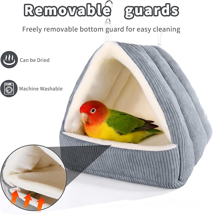 Small Winter Warm Bird Bed for Cage with Soft Plush Hanging Hammock & Hut Tent, Hideaway Sleeping Nest for Budgies, Cockatiels, Small Animals, and Guinea Pig Hideouts (Grey, S)