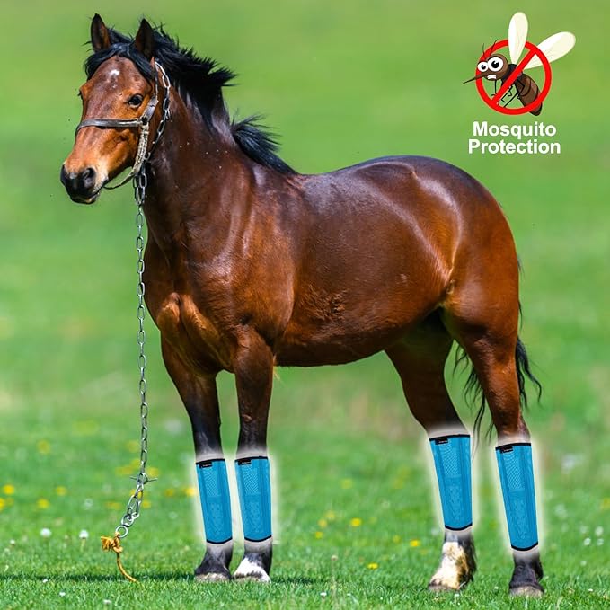 FOXLVDA Horse Fly Boots - Fly Boots for Horses Set of 4, Comfortable Horse Leggings, Mesh Material Design with Metal Support Bars for Reduces Stomping & Leg Fatigue (Blue, Large)