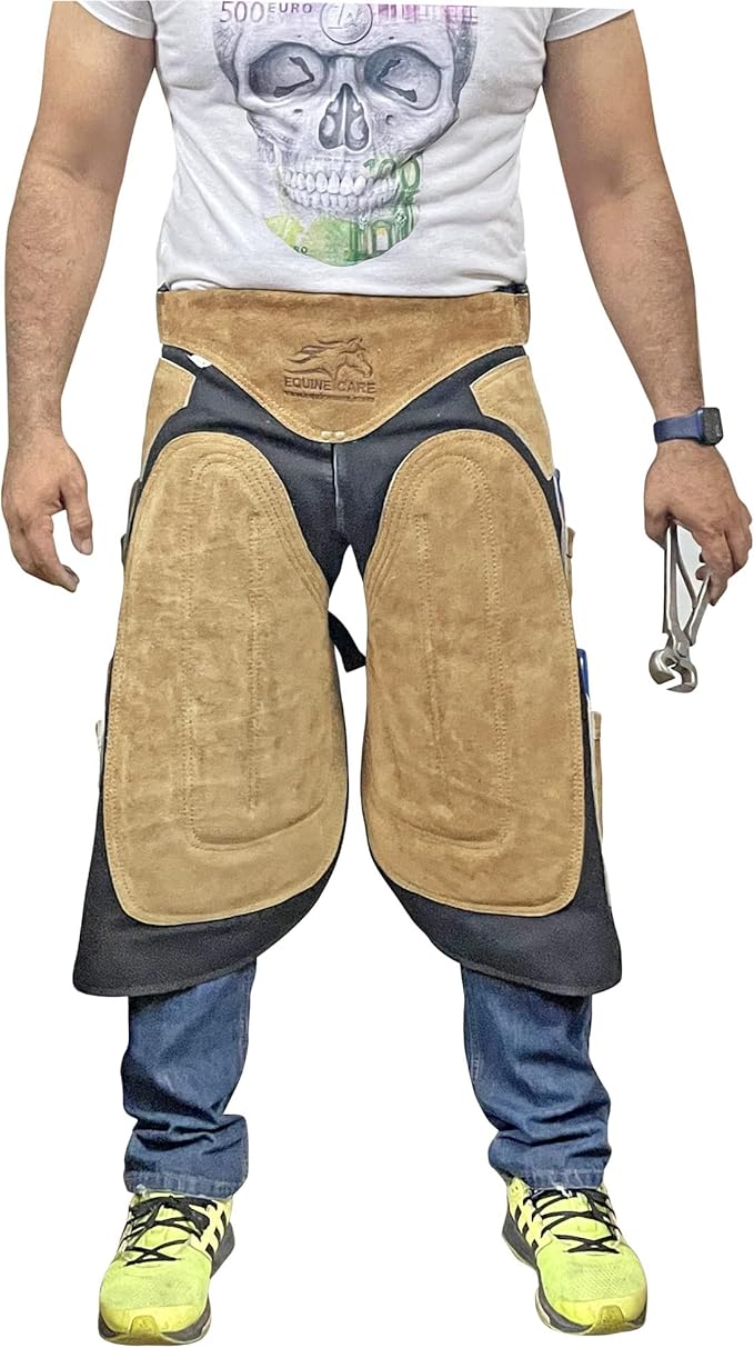 Equine Care Farrier Apron Chaps – Cowhide Suede Leather & Canvas, Adjustable Waist 28"-52" with Back Support, Tool Pockets & Nail Magnets – 23", 25", 27", 29" for Horse Shoeing (25 inches (65 cm))