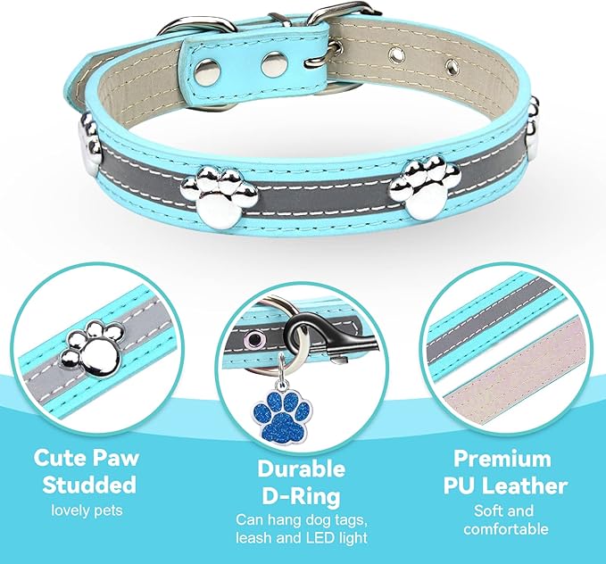PETCARE Reflective Dog Collar with Cute Paw Rivet Studded Funny Soft PU Leather Adjustable Puppy Dog Collars for Small Medium Large Dogs Cats (Blue,Small)