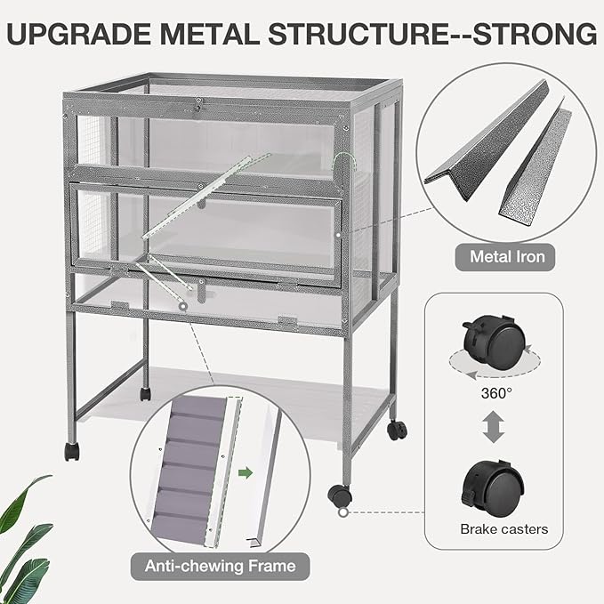 Guinea Pig Cage, Moveable Metal Frame Hamster Cage Anti-Chewing with Aluminium Alloy Edge, Hideouts, Ramps, Seesaws Chewing Toy, Deeper Pull-Out Leakproof Tray for Indoor Outdoor(Grey)