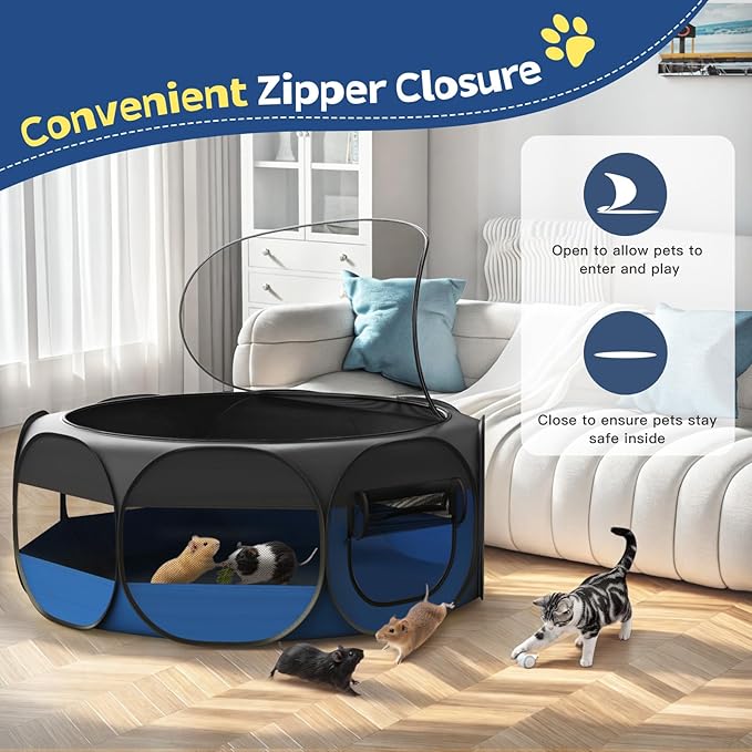 Small Animal Playpen, Chicken Brooder Box with Cover Top, Portable Outdoor Exercise Pet Cage Tent, Waterproof Breathable Pet playpen Indoor for Chick Ktiien Bunny Hamster Guinea Pig,Black+Blue