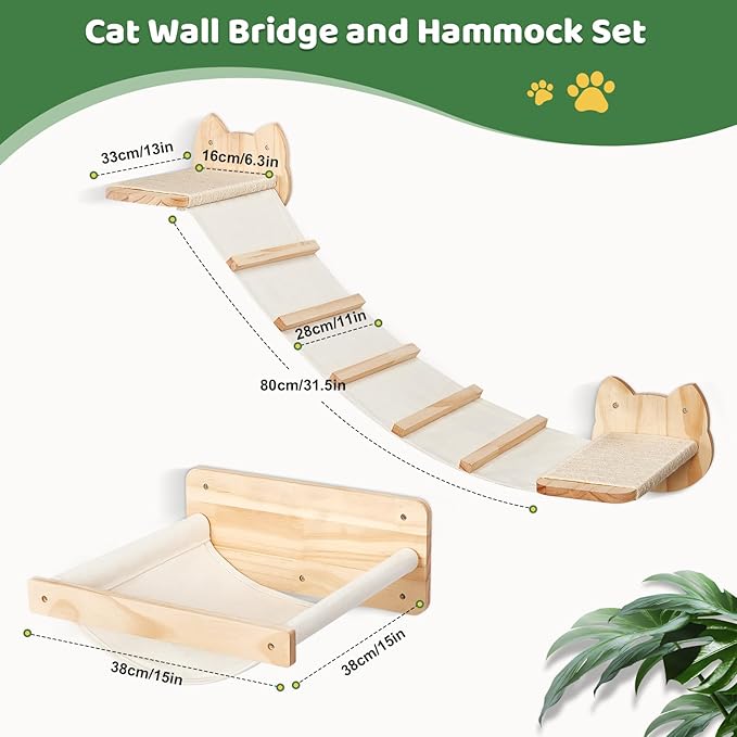 Cat Wall Shelves and Hammock Set, Cat Bridge Wall-Mounted with Climbing Steps and Sisal Roped Scratch Perch, Multi-Level Cats Walls Furniture Bed for Indoor Cats
