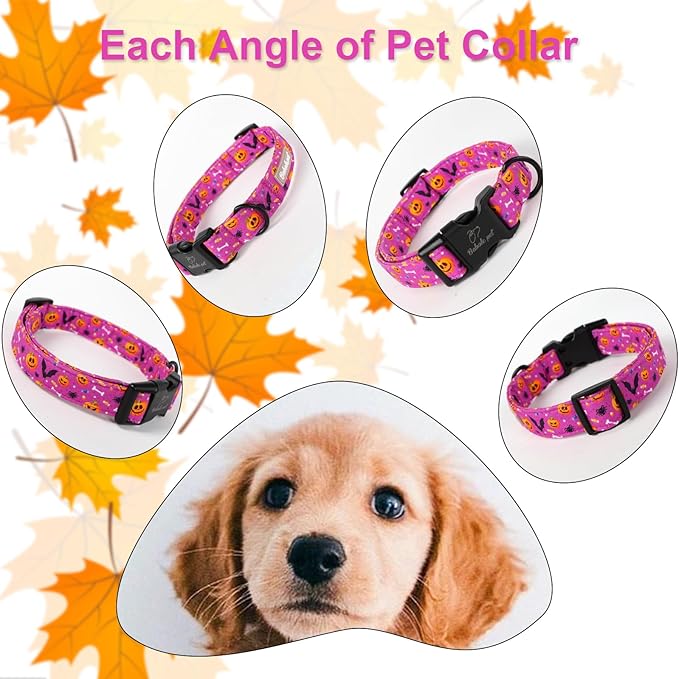 Halloween Dog Collar, Cute Pumpkin Bat Pattern Halloween Purple Puppy Collar, Soft Adjustable Cotton Dog Collars for Small Medium Large Boy&Girl Dogs M