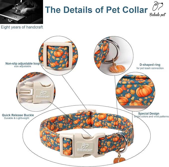 Fall Dog Collar Cute Autumn Pumpkin Puppy Collar - Light Comfortable Adjustable Pet Collars for Small Medium Large Girl Boy Dogs S