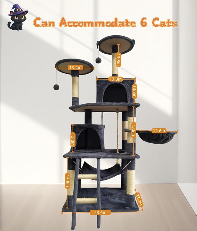 Cat Tree 60.63 inches Cat Tower for Indoor Cats, Multi-Level Cat Condo Furniture with Scratching Posts, Plush Perches, Activity Center with Cozy Basket & Hammock for Cats (Darkgray)