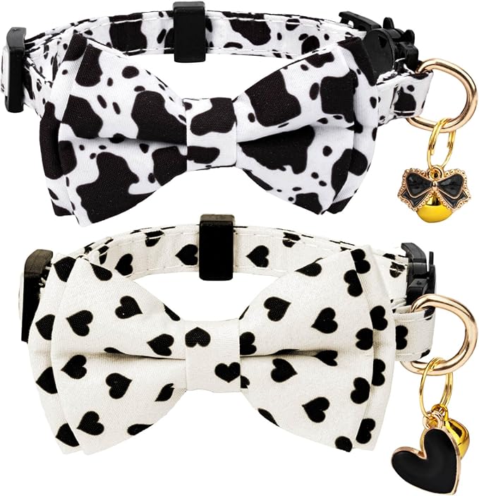 2 Pack Cotton Cat Collar with Bow Tie and Bell for Male Female Cats,Soft Fancy Breakaway Kitty Kitten Collar with Ghost& Pumpkin Patterned Design for Boy Girl Cats. (Cow&Heart)