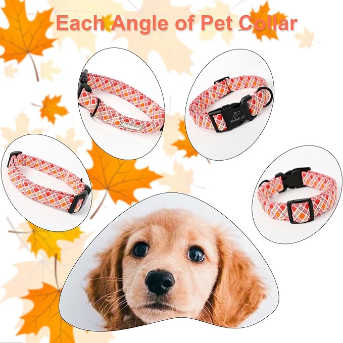 Fall Dog Collar, Fall Orange and Red Plaid Puppy Collar, Adjustable Cotton Holiday Tanksgiving Dog Collars for Small Medium Large Boy&Girl Dogs XL