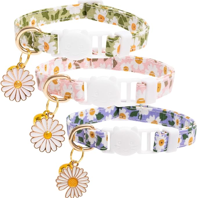 Faygarsle 3 Pack Cotton Safe Breakaway Cat Collars with Bell Daisy Charm Green Blue Pink Kitty Kitten Cute Cat Collars for Girl Cats Female Cats