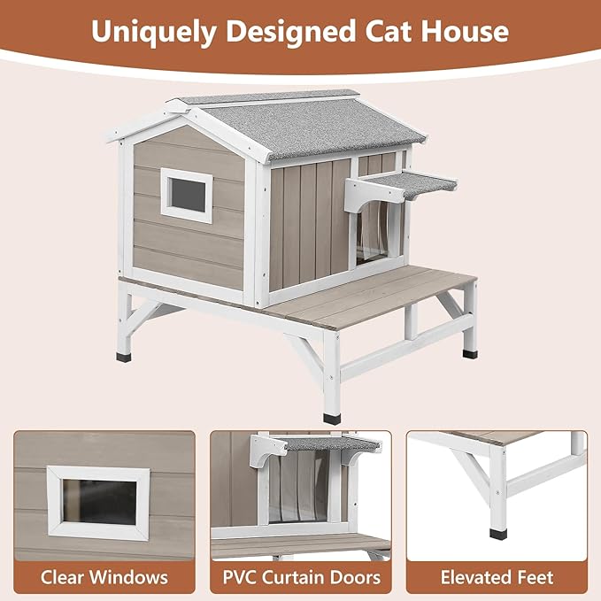 Small Cat House Weatherproof, Wooden Feral Cat House Outdoor with Balcony, Internal Dividers, PVC Curtain Door, Outside Indoor Cats Shelter with Elevated Feet, Openable Roof, Grey