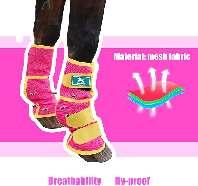 Fly Boots for Horses Set of 4 – Breathable Mesh Leg Protection for Summer with Ventilated Design & All-Day Comfort （Pink，Large