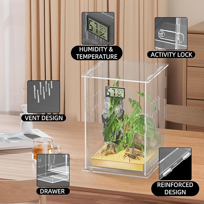 Reptile Terrariums with Temperature Hygrometer, 5.9"x5.9"x9.8" Acrylic Breeding Box Terrarium Cage Tank for Small Reptile Insect Home Office (Arboreal)