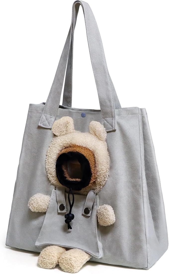 Pet Canvas Shoulder Carrying Bag, Cute Grey Bear Shaped Cat Carrier, M Size Portable Kitten & Puppy Tote, Comfort Carriers for Small Dogs, Cats, and Pets, Handbag for Outdoor, Shopping, and Camping