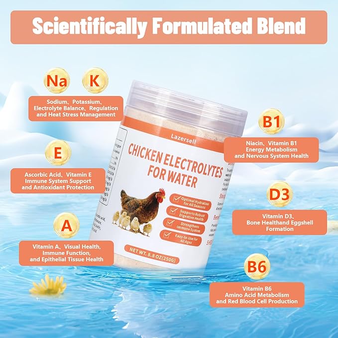 Chicken Electrolyte for Water, Ideal for Hydration, Immunity, Digestive Health, Chicken Vitamins, Electrolytes, and Probiotics, Multipurpose Poultry Vitamins for Chickens, Ducks, Turkeys, 8.8 OZ