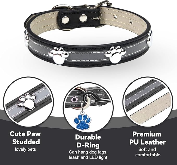 PETCARE Reflective Dog Collar with Cute Paw Rivet Studded Funny Soft PU Leather Adjustable Puppy Dog Collars for Small Medium Large Dogs Cats (Black,Small)