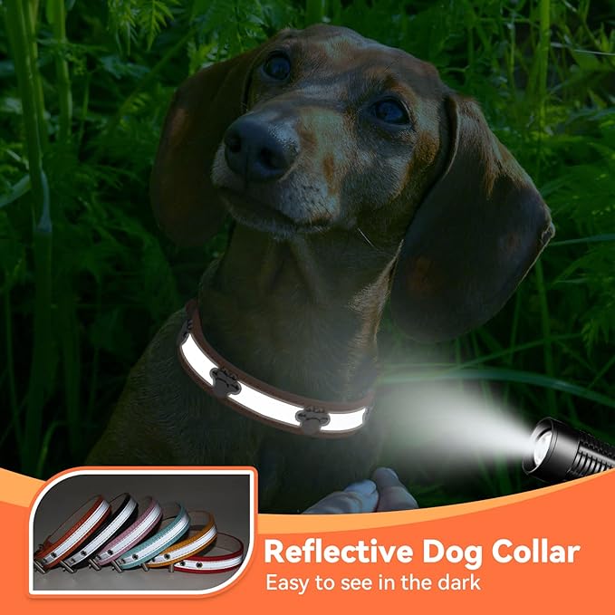 PETCARE Reflective Dog Collar with Cute Paw Rivet Studded Funny Soft PU Leather Adjustable Puppy Dog Collars for Small Medium Large Dogs Cats (Orange,X-Large)