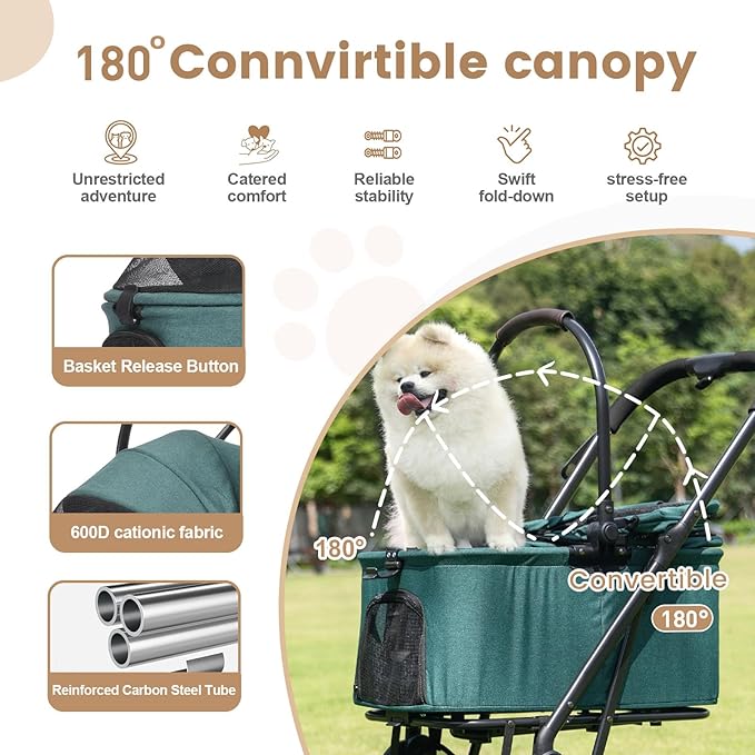 Wdyvko 3 in 1 Dog Stroller, Upgraded Frame, Up to 44lbs Pet Stroller with Dog Poop Bags & Dispenser, Zipperless Entry, Storage Basket & Pouch for Small Dogs Cats (Dark Green)