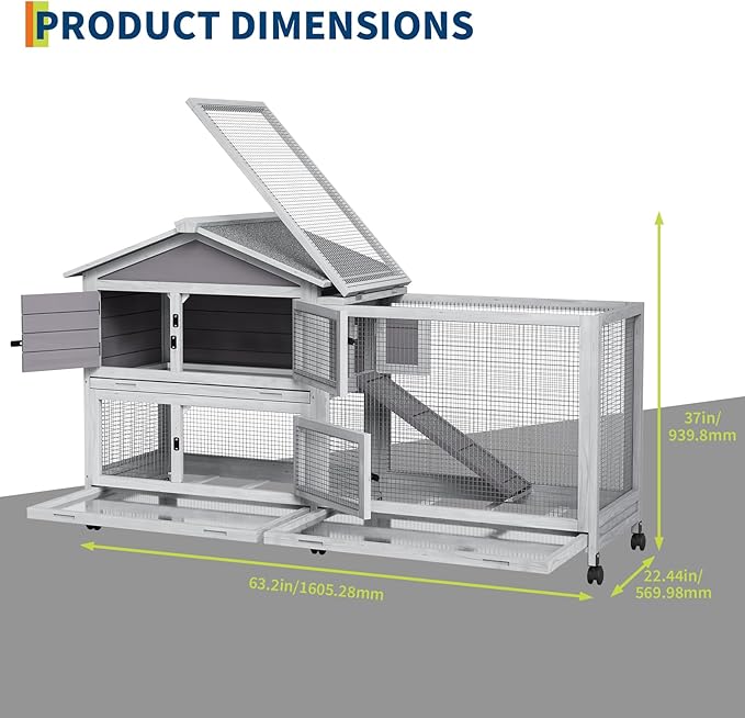 Rabbit Cage with Ramp & Waterproof Roof, Bunny Hutch for Indoor/Outdoor, 2-Story Design, Rabbit Hutch with 6 Lockable Caster Wheels & Three Pull-Out Trays（63.2" l x 22.4" w x 37"）