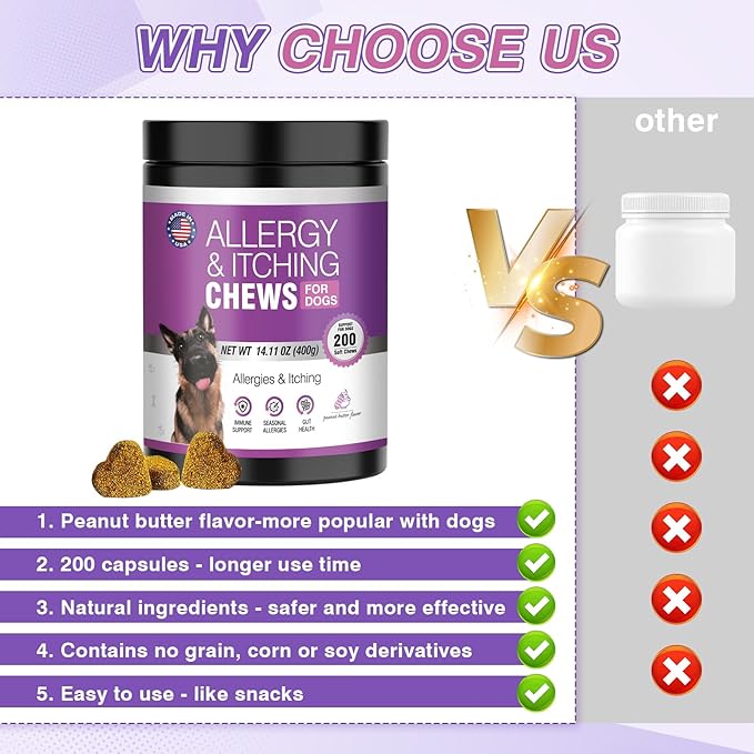 Dog Allergy Chews 200ct - Dog Allergy and Itching Skin Relief Anti Itch Aller Immune Bites for Dogs Licking Paws Treatment Relief Itchy Chew Probiotics Vitamins for Skin and Coat - Peanut Butter