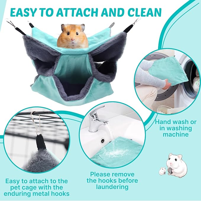 LYART Sugar Glider Pouch Hammock Bed Bedding, Sugar Glider Cage Accessories Toys for Rat, 3-Layer Hammock Make Pet Cages More Three-Dimensional (3.Grey+Mint)