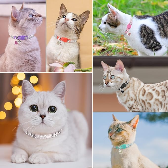 Rhinestone Cat Collar Breakaway with Bell, Diamond Cat Collar with Safety Buckle Quick Release for Girl Boy Small Kitten Pets Puppy,Cute Soft Female Male Cat Collars, Color Red 7-9"