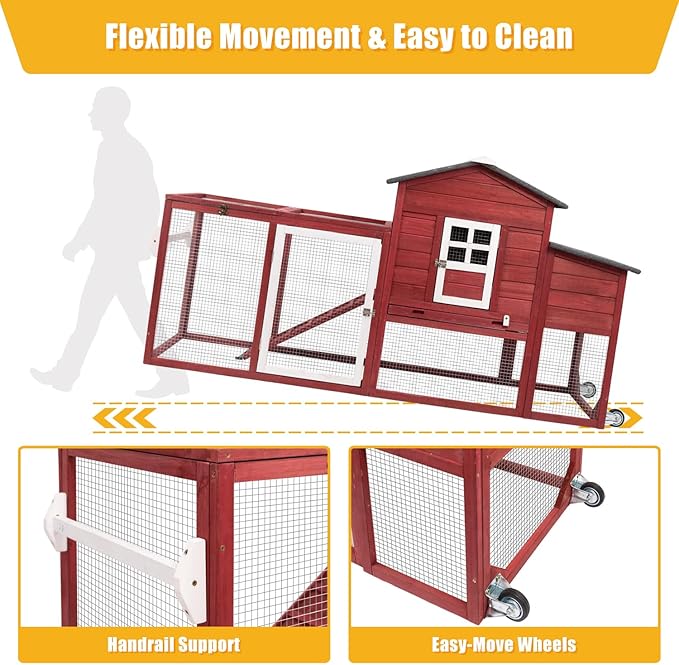 Wooden Chicken Coop Cage Outdoor Indoor Hen House with Nesting Box, Waterproof Roof, Removable Tray for Poultry Pets Enclosure Garden Backyard (RED)