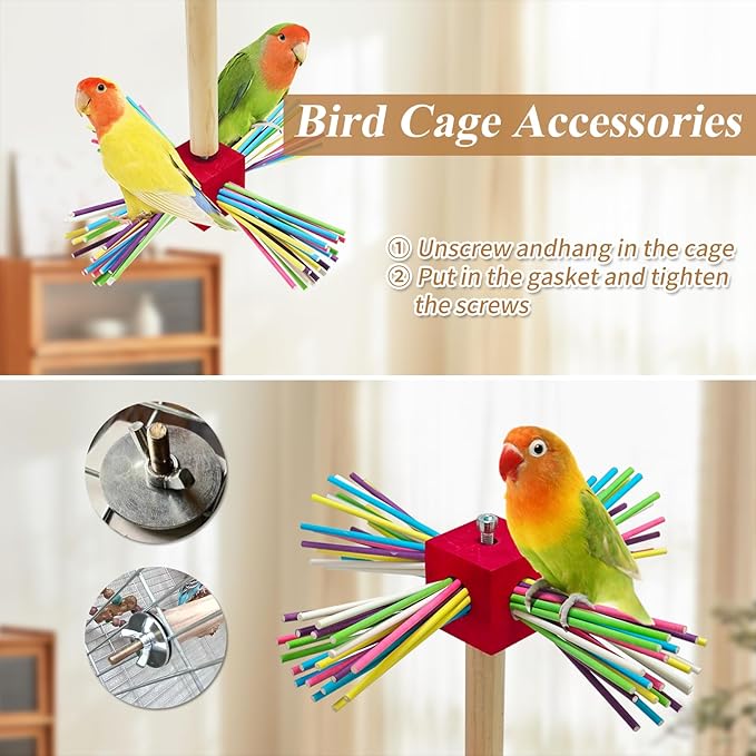 Bird Perch Toy for Cage,Spinning Windmill Bird Perch Toy,360° Rotating Chewable Stand with Grinding Sticks,Interactive Cage/Tabletop Training Toy for Parakeets,Cockatiels,Lovebirds (Mixcolor, Square)