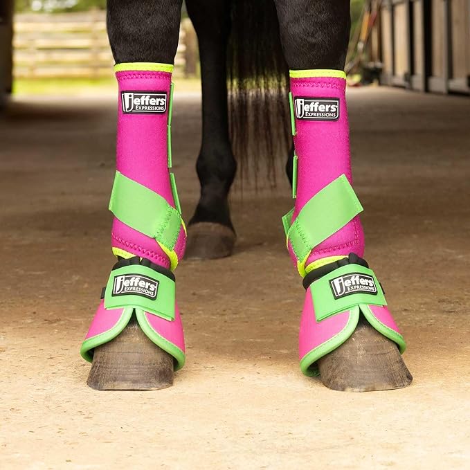 Jeffers Expression Neon Protective Horse Boots,1 Pair, Pink & Lime - Safe Neoprene Leg Guards, Durable Strap Closures, Front & Hind Support, Equestrian Accessories for Travel & Riding - Large