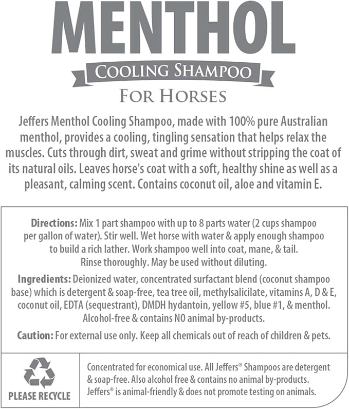 Jeffers Equine Menthol Cooling Horse Shampoo 16 oz - 100% Pure Australian Menthol, Coconut Oil, Aloe & Vitamin E - Moisturizing, Deep Cleansing, Gentle Grooming Shampoo for Horses