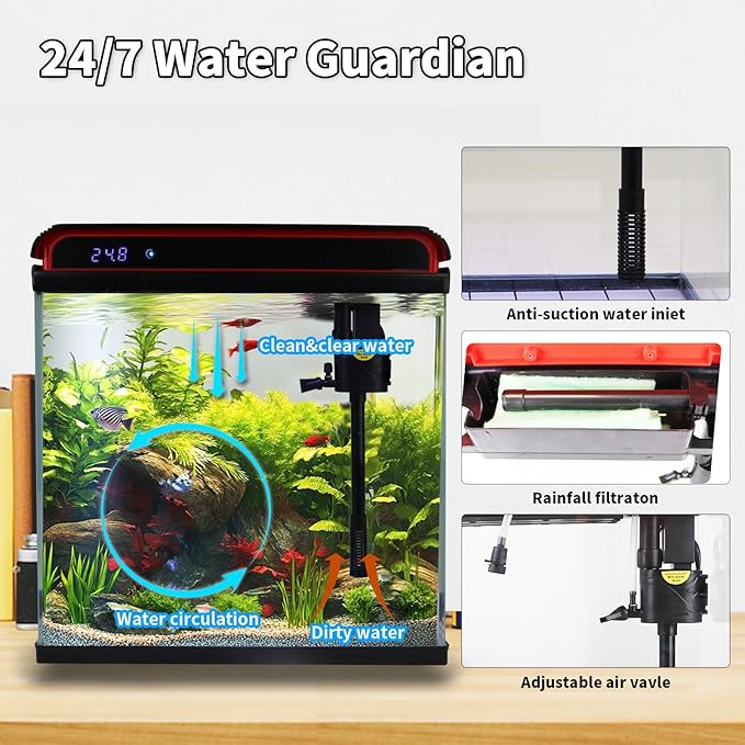 Glass 20 Gallon Fish Tank Aquarium - Smart Self-Cleaning Starter Kit with 3-Color LED Light, Ultra Quiet Pump & Filter, Temperature Monitoring for Betta Fish and Shrimp